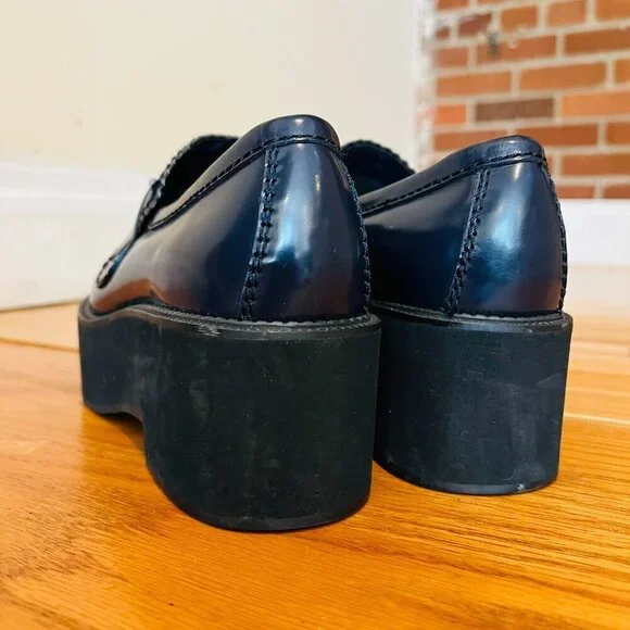 Jil Sander Navy Blue Leather Platform Shoes Eur 38.5 US 8 Chunky Loafers - Picture 10 of 15